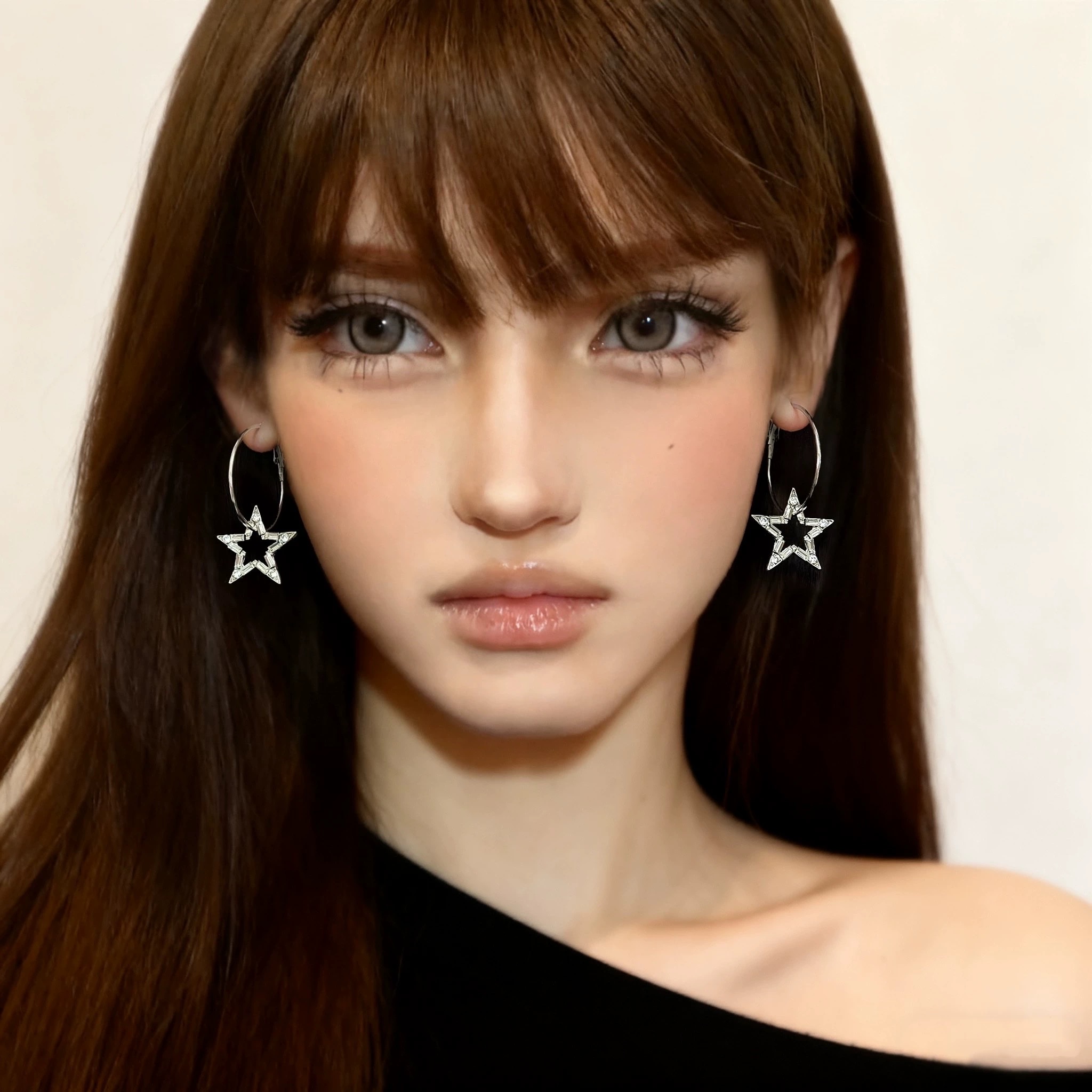 甜酷辣妹锆石五角星素圈圆形环女 气质高级感耳夹 个性方圆脸耳饰 full figure