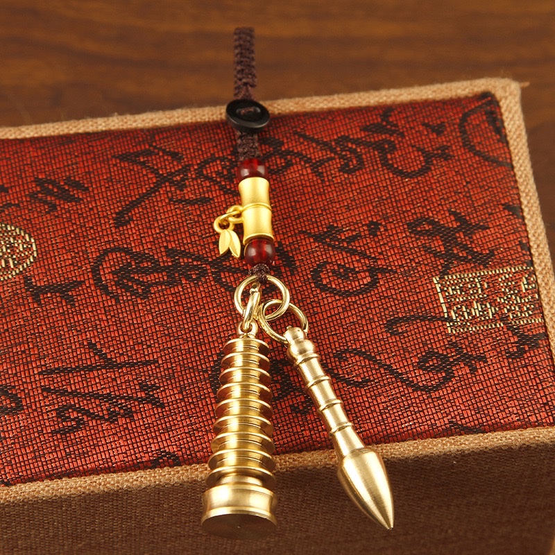 Pure copper Wenchang Pagoda, top scorer pen, Chinese-style car keychain pendant, Five Emperors' money gourd, men's and women's pendant, copper ornaments detail image 10