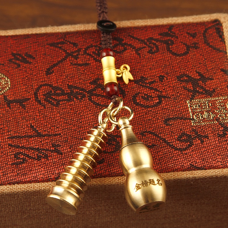 Pure copper Wenchang Pagoda, top scorer pen, Chinese-style car keychain pendant, Five Emperors' money gourd, men's and women's pendant, copper ornaments detail image 6