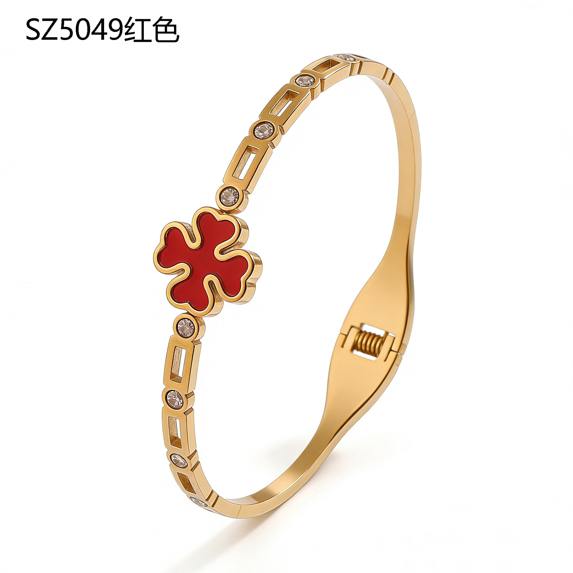 Factory direct supply of stainless steel gold-plated bracelet, red enamel four-leaf clover series diamond-encrusted hollow titanium steel bracelet jewelry detail image 15