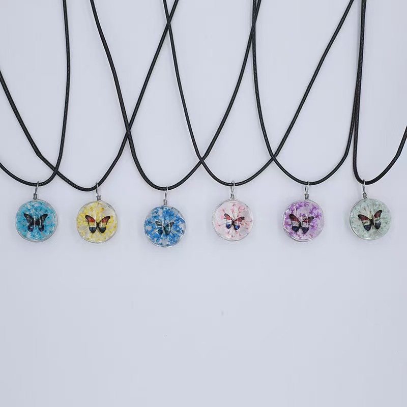 植物饰品吊坠天然干花简约项链手工蕾丝时光宝石雪珠花蝴蝶