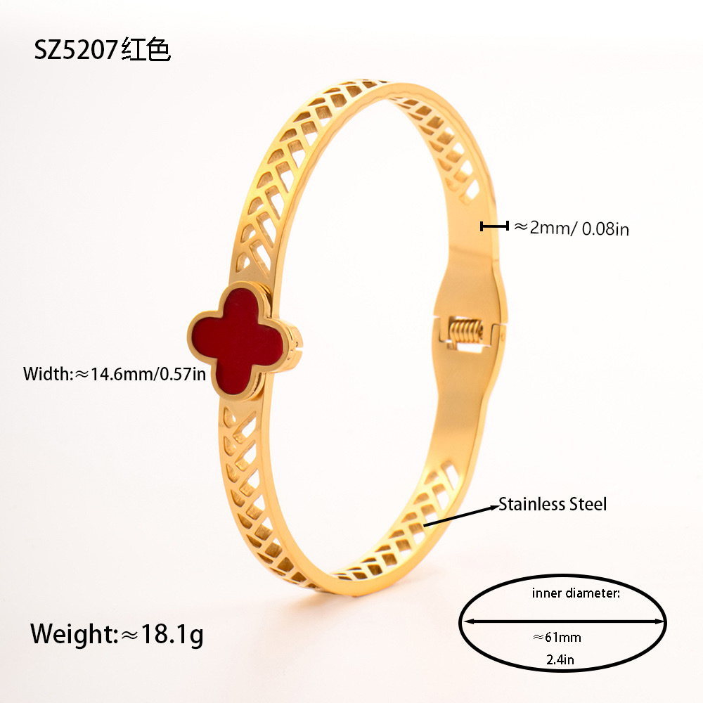 Factory direct supply of stainless steel gold-plated bracelet, red enamel four-leaf clover series diamond-encrusted hollow titanium steel bracelet jewelry detail image 5
