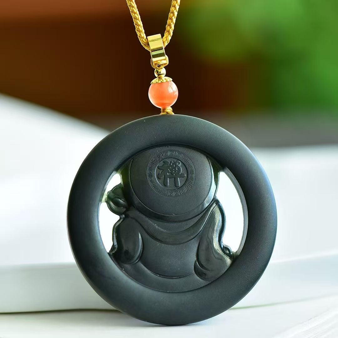 Natural old material Hetian jade black jade Maitreya Buddha jade pendant for safety, fashionable pendant for men and women, high-end gift jade pendant details Picture
