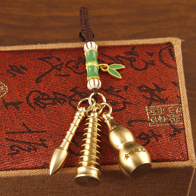Pure copper Wenchang Pagoda, top scorer pen, Chinese-style car keychain pendant, Five Emperors' money gourd, men's and women's pendant, copper ornaments detail image 16