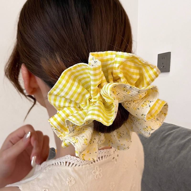 New floral checkered large intestine ring, fashionable double-layer design headband, versatile for girls' ponytail tie, elegant headband detail image 8