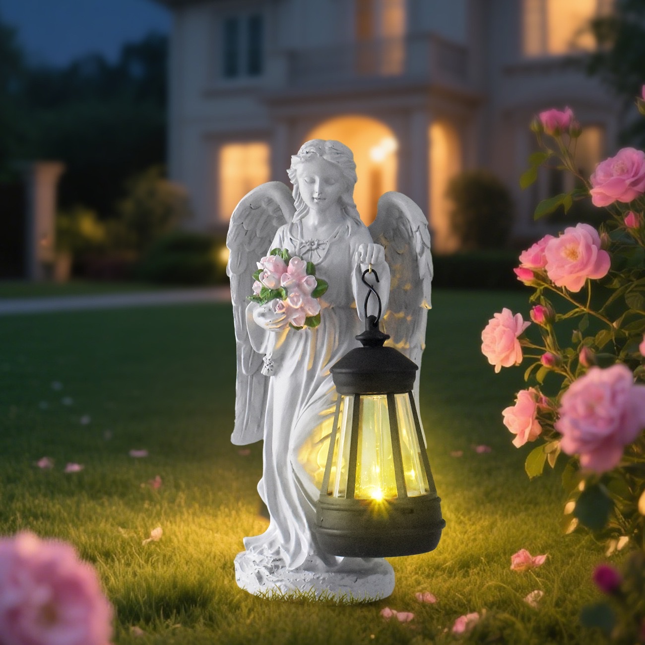 跨境爆款天使提灯花园雕像天使女孩户外太阳能庭院摆件夜灯装饰品