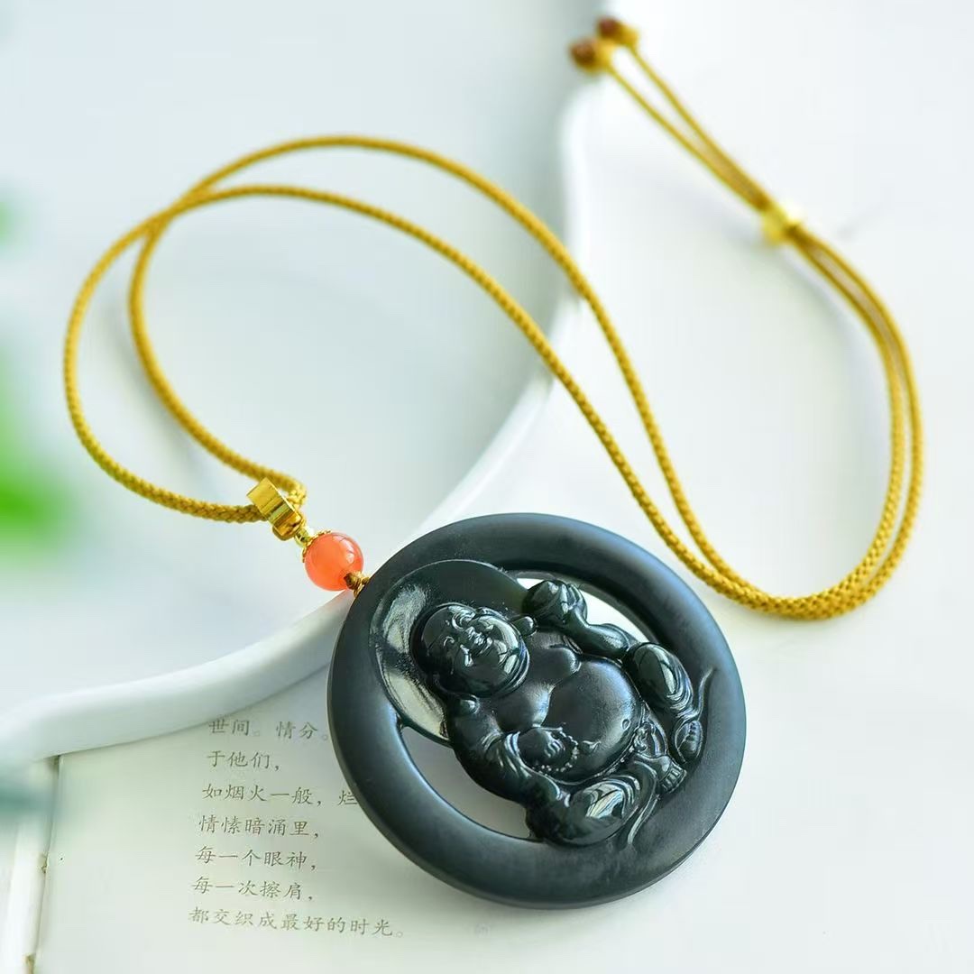 Natural old material Hetian jade black jade Maitreya Buddha jade pendant for safety, fashionable pendant for men and women, high-end gift jade pendant Specification image