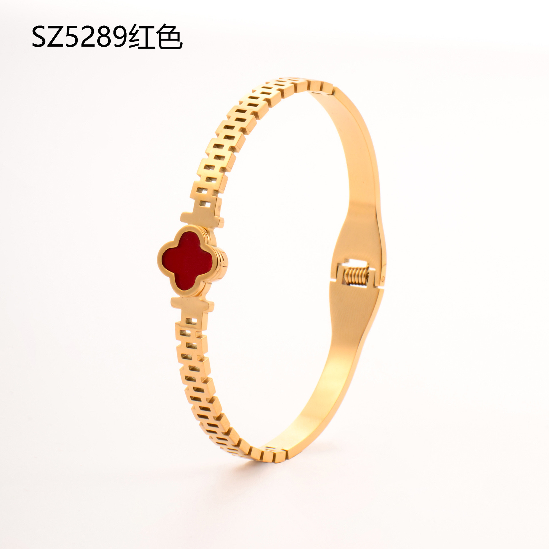 Factory direct supply of stainless steel gold-plated bracelet, red enamel four-leaf clover series diamond-encrusted hollow titanium steel bracelet jewelry detail image 2