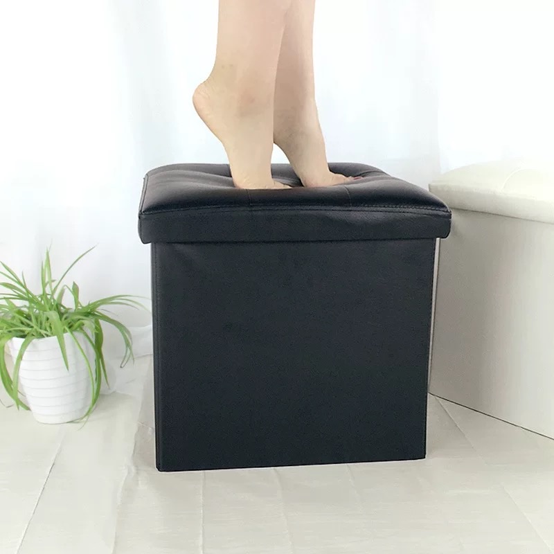 The faux leather storage stool features a large-capacity, foldable seat cushion and is an office and household storage stool Application Scenario
