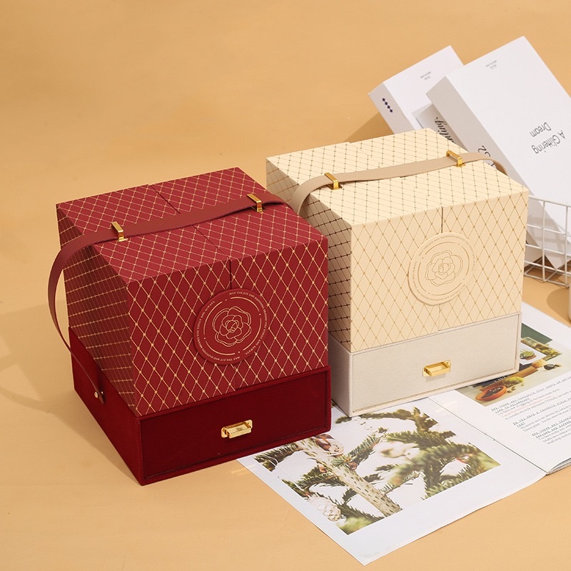 单个正方形双层可抽屉式礼品盒绒布喜庆婚庆喜糖伴手礼物盒子伴手礼一片式包装盒