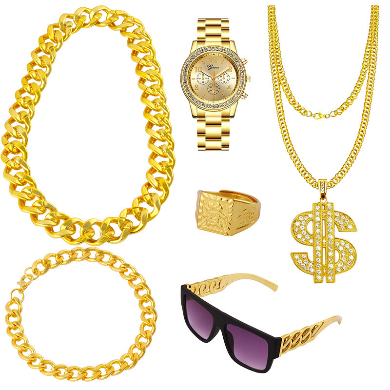Hip-hop accessory set, exaggerated rap accessories, sunglasses, large gold chain, US dollar pendant, ring, large gold watch accessory set Item Picture
