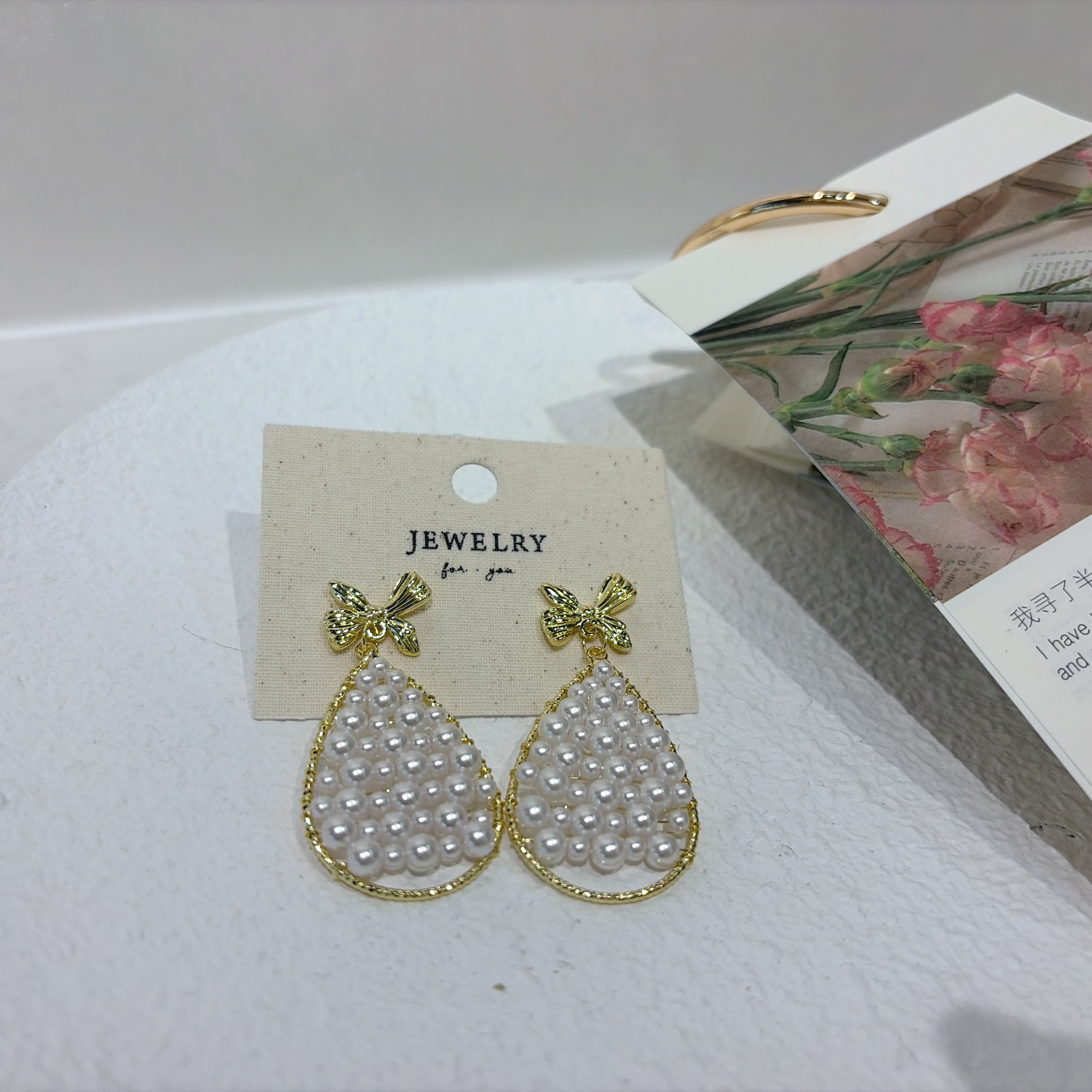 Bow pearl mesh woven earrings, teardrop-shaped face shaping earrings, gold earrings LL085