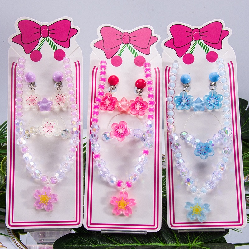 新款儿童饰品项链手链耳夹戒指樱花公主女童首饰套装参加直销