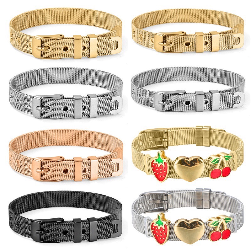 Stainless steel Italian woven mesh chain bracelet, cherry strawberry heart-shaped pendant, fashionable and versatile, suitable for both men and women, export stock, DIY stainless steel watch strap, freely combinable bracelet, copper micro-inlaid bracelet