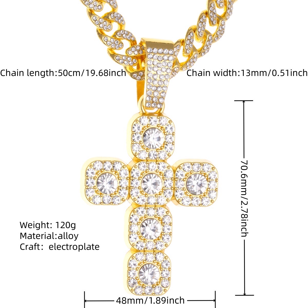 Hip-hop Full Diamond Cross Pendant necklace, Square rock sugar diamond cross Full diamond Cuban necklace, large diamond cross pendant necklace Specification image