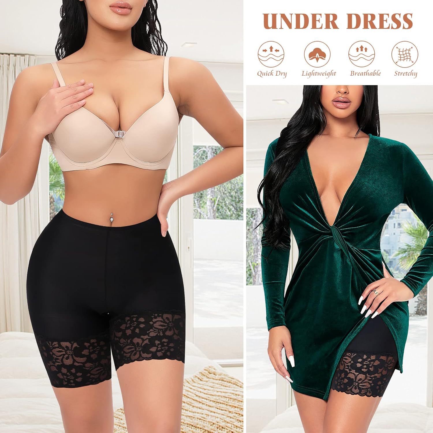 European and American cross-border wide lace-trimmed safety pants, anti-glare three-part leggings, high-waisted and tight-fitting shorts for women detail image 5