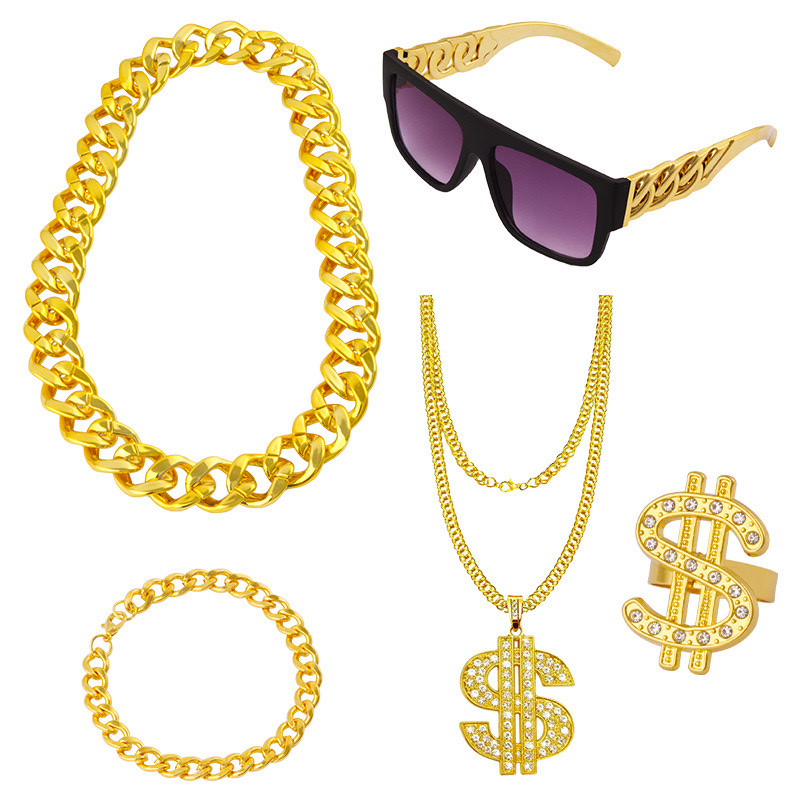 Hip-hop accessory set, exaggerated rap accessories, sunglasses, large gold chain, US dollar pendant, ring, large gold watch accessory set Application Scenario