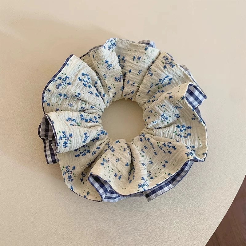 New floral checkered large intestine ring, fashionable double-layer design headband, versatile for girls' ponytail tie, elegant headband detail image 6