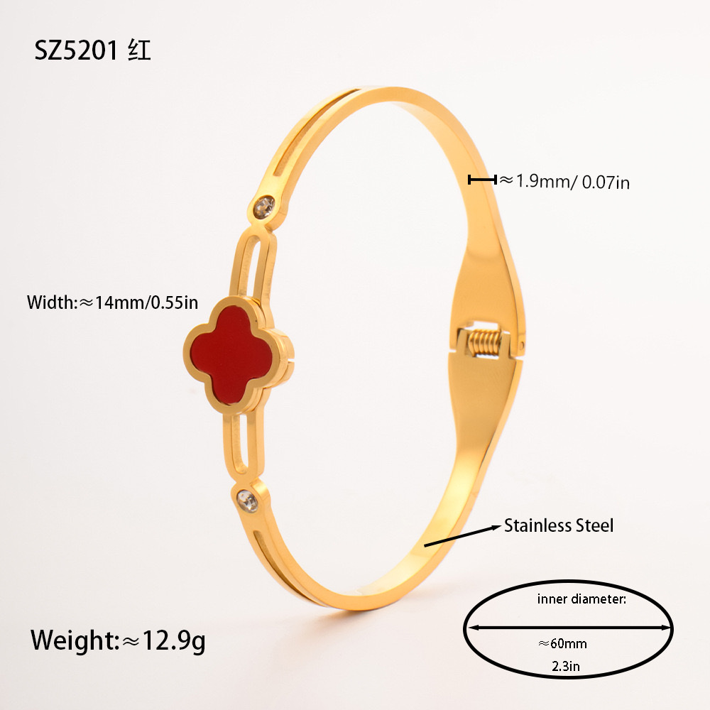 Factory direct supply of stainless steel gold-plated bracelet, red enamel four-leaf clover series diamond-encrusted hollow titanium steel bracelet jewelry detail image 11