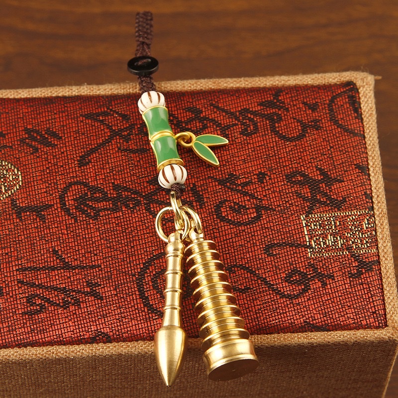 Pure copper Wenchang Pagoda, top scorer pen, Chinese-style car keychain pendant, Five Emperors' money gourd, men's and women's pendant, copper ornaments detail image 15