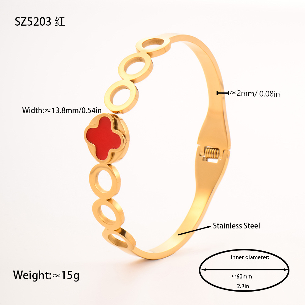 Factory direct supply of stainless steel gold-plated bracelet, red enamel four-leaf clover series diamond-encrusted hollow titanium steel bracelet jewelry detail image 8
