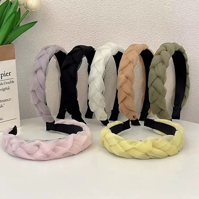 韩版欧根纱纯色网纱编织麻花大号百搭头箍少女法式复古发箍头饰 