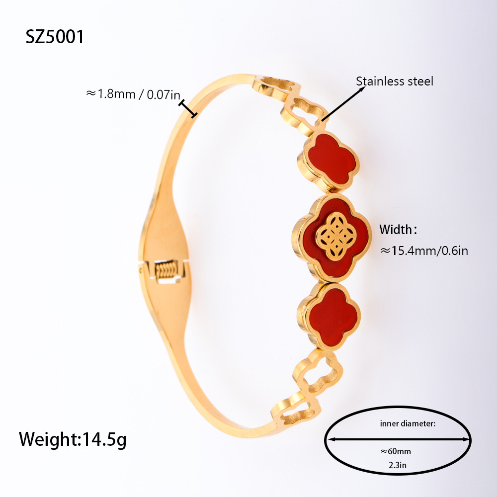 Factory direct supply of stainless steel gold-plated bracelet, red enamel four-leaf clover series diamond-encrusted hollow titanium steel bracelet jewelry detail image 17