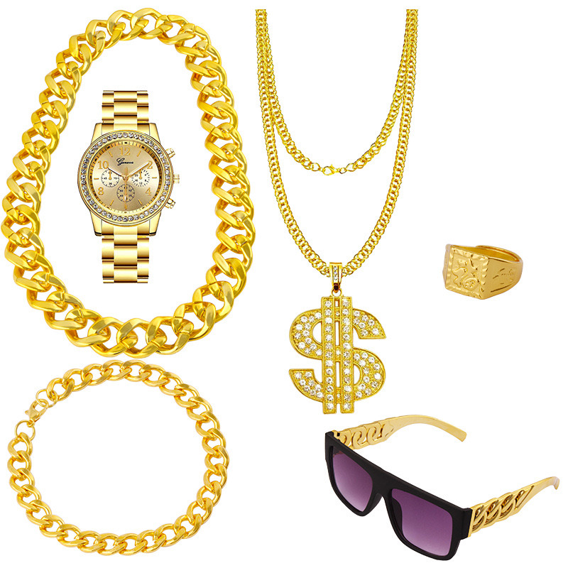 Hip-hop accessory set, exaggerated rap accessories, sunglasses, large gold chain, US dollar pendant, ring, large gold watch accessory set details Picture