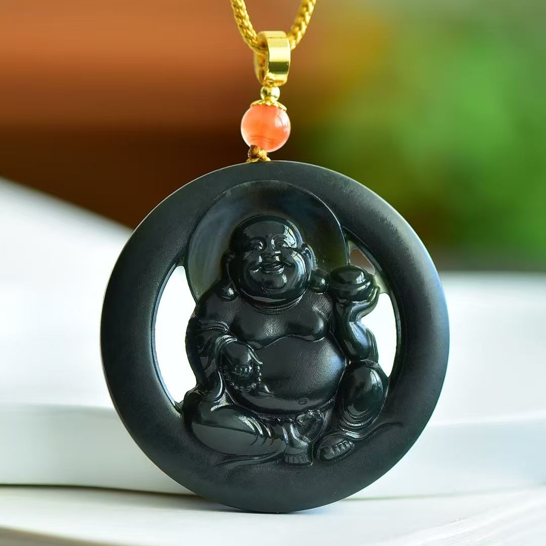 Natural old material Hetian jade black jade Maitreya Buddha jade pendant for safety, fashionable pendant for men and women, high-end gift jade pendant