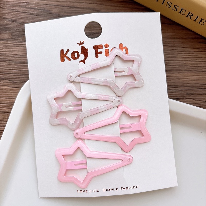 4 Sweet oil-drip printed girl star hair clips, hollowed-out versatile large children's bangs bb clips, basic hair clips Item Picture