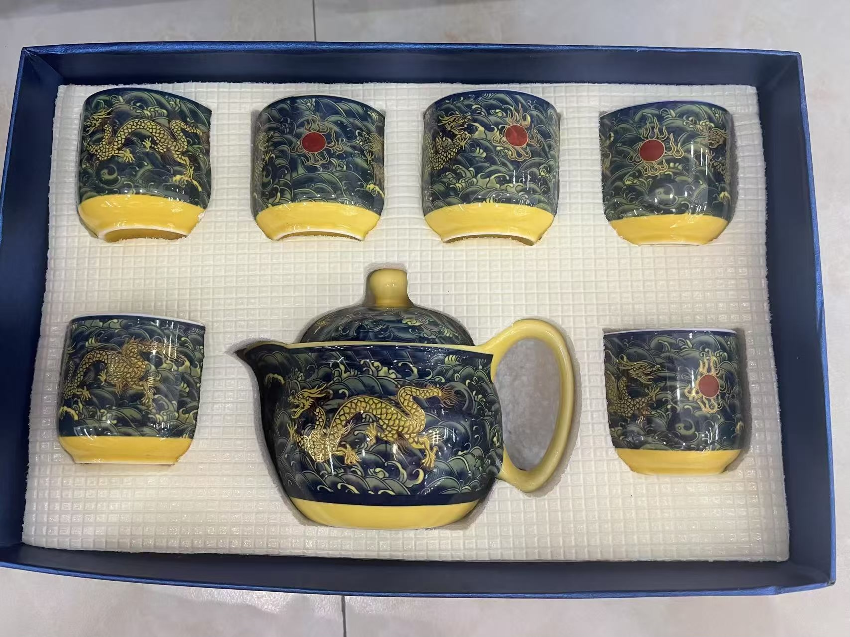 海浪龙七件套茶具套装家用陶瓷青花瓷功夫茶杯，带不锈钢过滤网