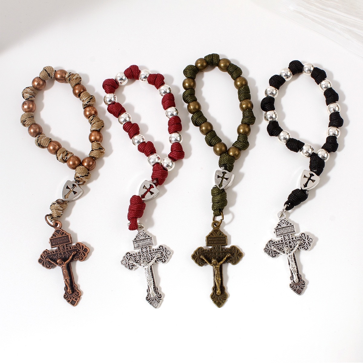 跨境电商十字架手工编绳手链汽车挂件ROSARY念珠手串首饰专供批发