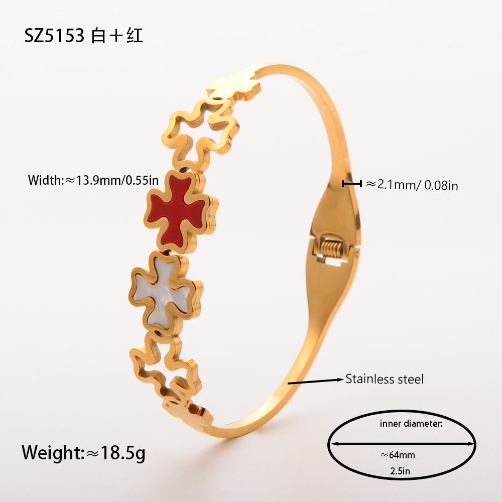 Factory direct supply of stainless steel gold-plated bracelet, red enamel four-leaf clover series diamond-encrusted hollow titanium steel bracelet jewelry detail image 13
