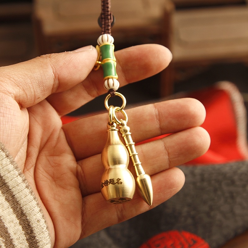 Pure copper Wenchang Pagoda, top scorer pen, Chinese-style car keychain pendant, Five Emperors' money gourd, men's and women's pendant, copper ornaments detail image 5