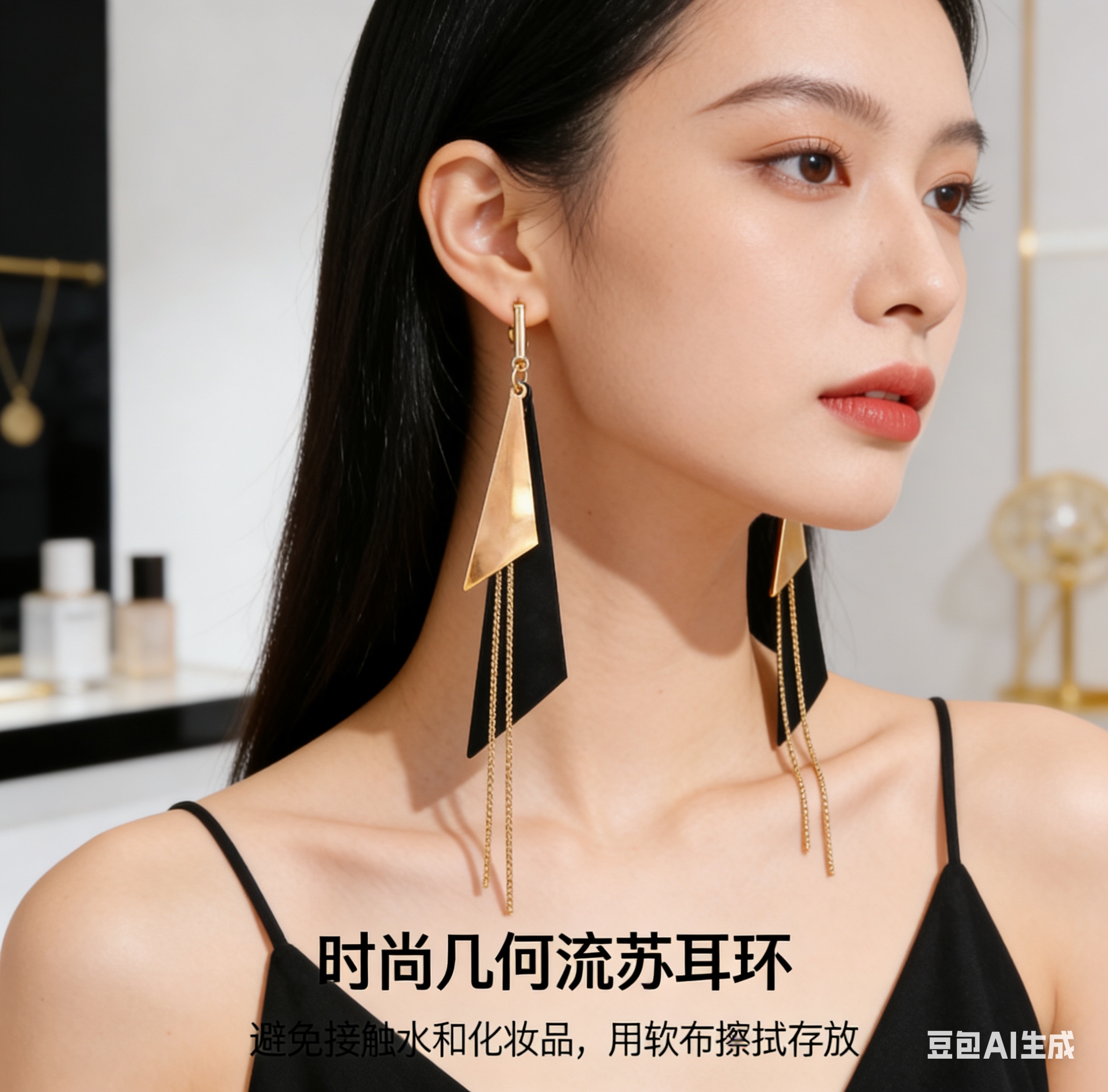 欧美时尚夸张喷漆黑色三角流苏耳环女气质名媛长款耳坠网红耳饰显脸瘦耳钉 详情图4