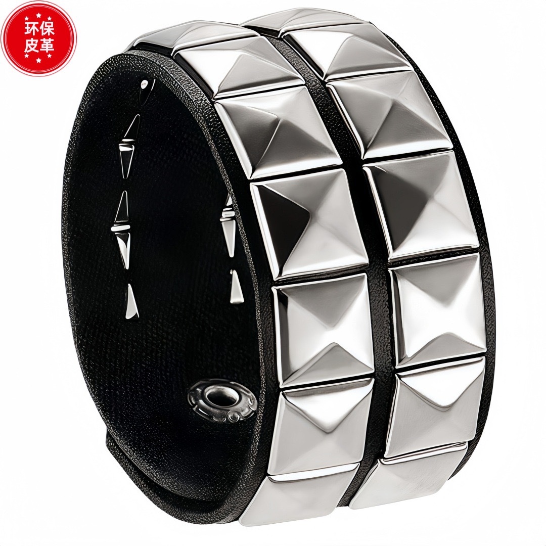 Eco-friendly PU leather, European and American fashion punk style multi-layer retro bracelet, personalized rivet chain bracelet set detail image 4