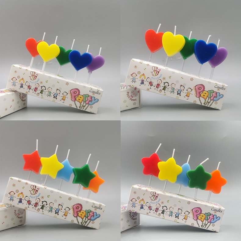5pcs五角星爱心生日数字蜡烛金粉小蜡烛派对用品生日蜡烛儿童卡通马卡龙色五角星爱心生日蜡烛创意彩色星星心形装饰蜡烛 蜡烛