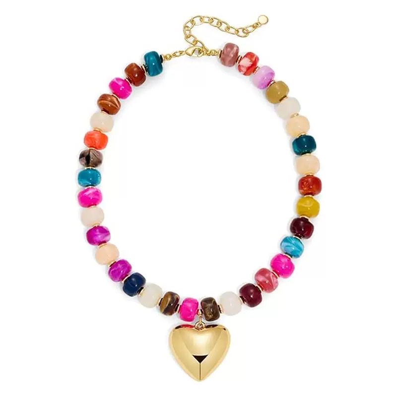 跨境夸张彩色树脂亚克力项链手工串珠爱心形吊坠桶珠锁骨链女士项链