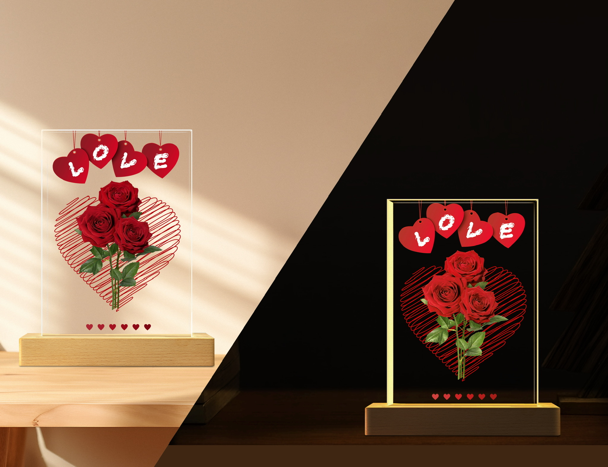 红玫瑰爱心LOVE亚克力装饰灯 木质底座 情人节生日纪念礼品夜灯