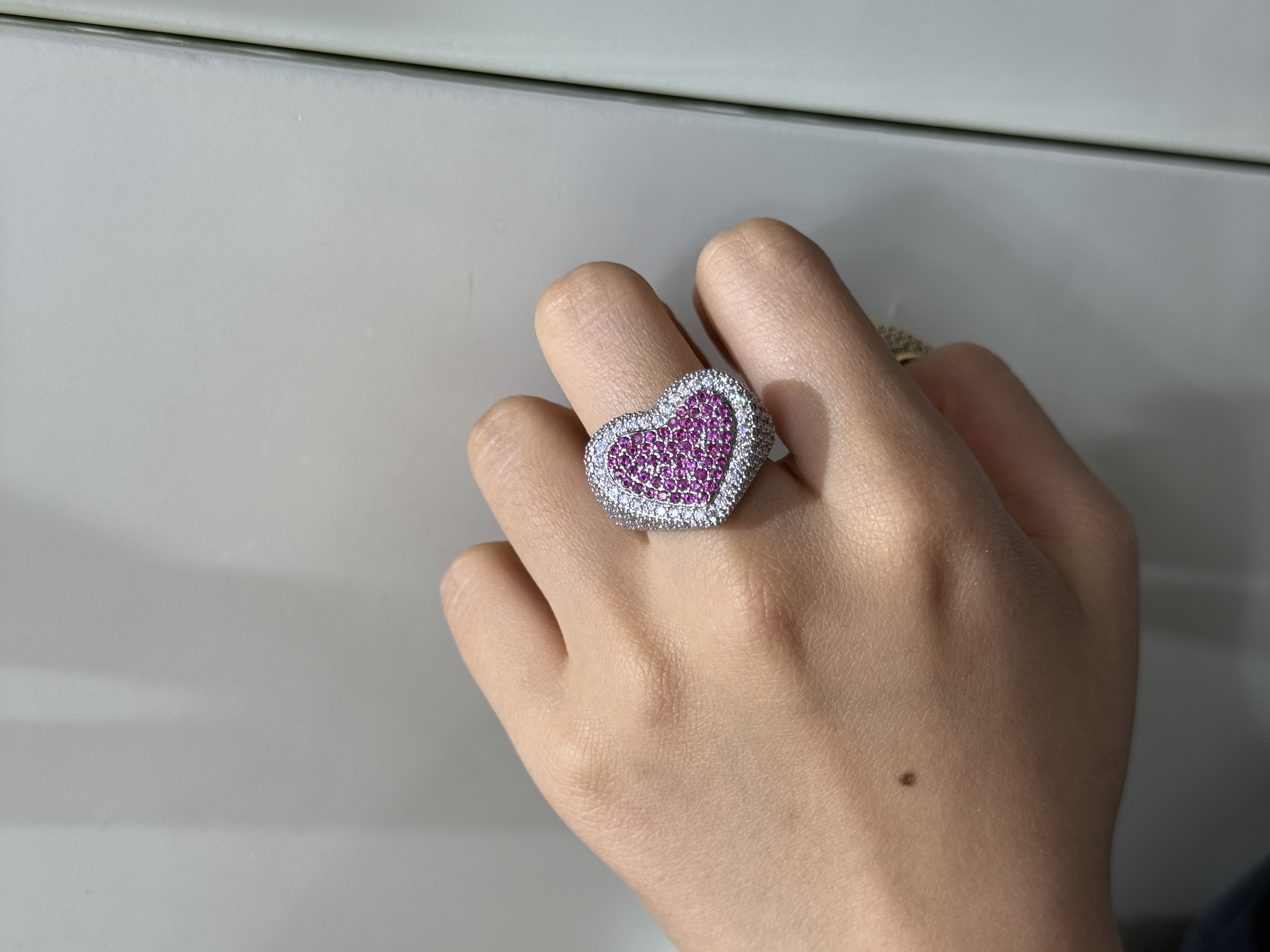 欧美新款百搭开口微镶锆石戒指时尚通勤设计璀璨高级感爱心戒指女 细节图