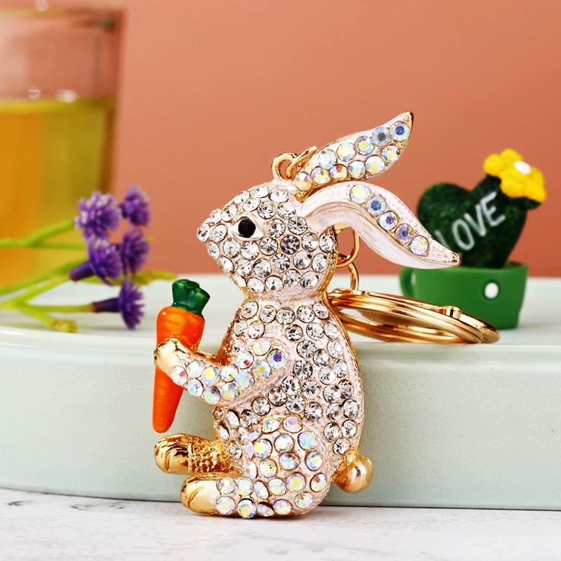 Creative and cute cartoon diamond-encrussed radish rabbit car keychain, exquisite women's bag pendant, key chain accessory Specification image