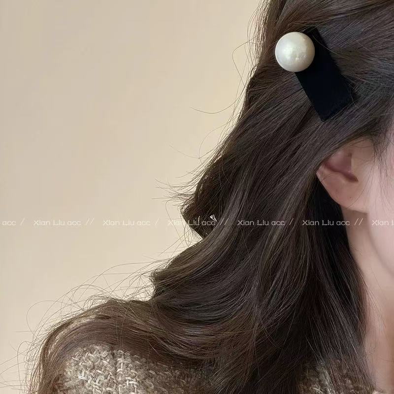 黑色丝绒珍珠发夹边夹侧边2026新款高端刘海夹女无痕鸭嘴夹子发饰发夹产品图