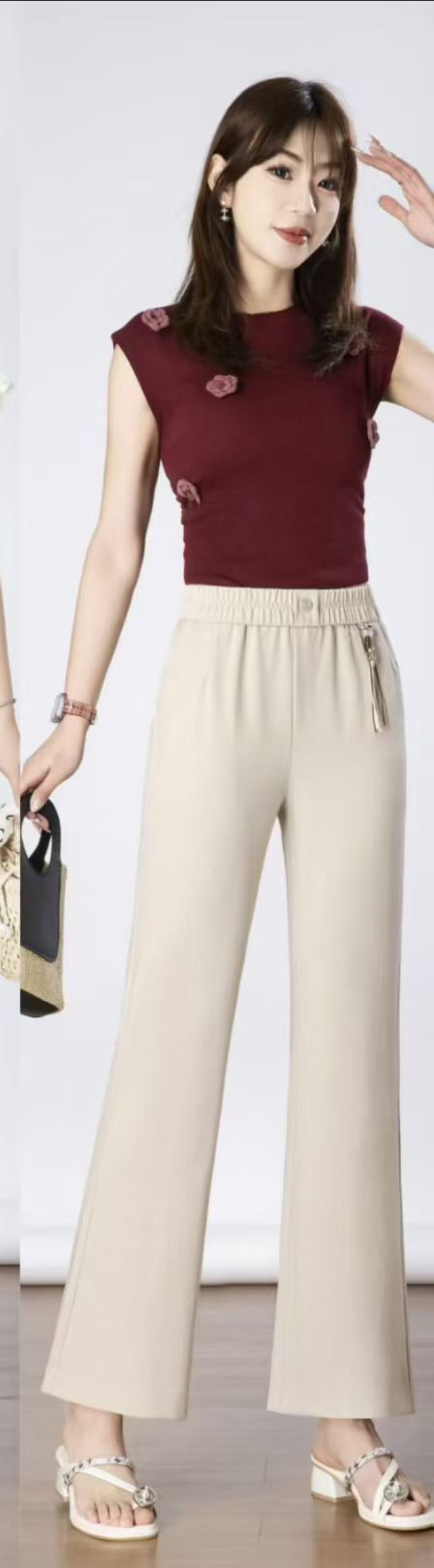 The trendy women's trousers for Spring and Autumn 2026 are flared flared pants with elastic waists and beige long pants Specification image