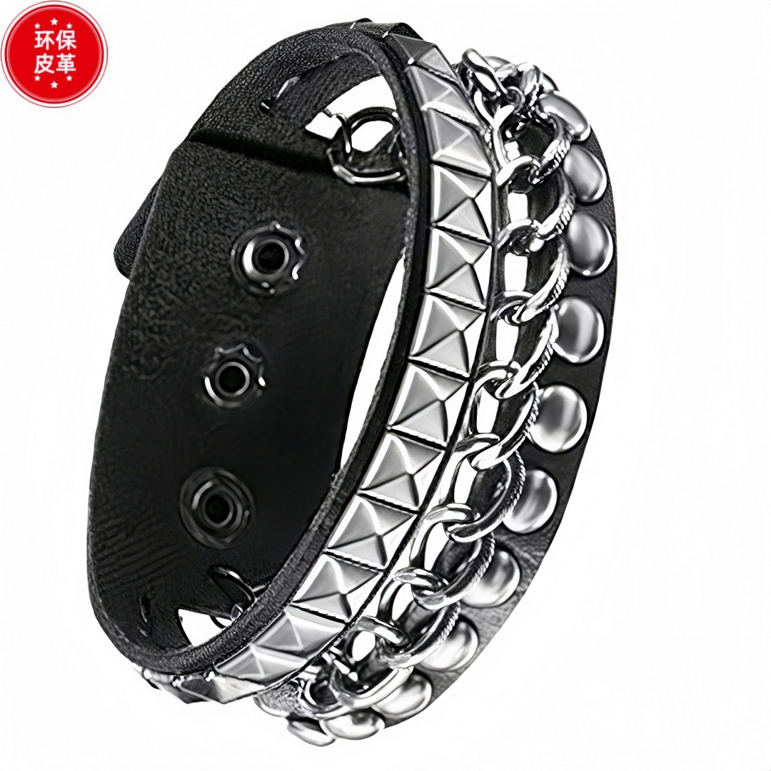 Eco-friendly PU leather, European and American fashion punk style multi-layer retro bracelet, personalized rivet chain bracelet set detail image 14