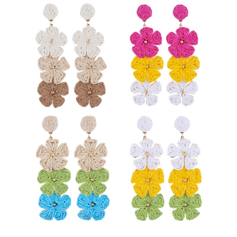 Amazon cross-border Bohemian-style, elegant multi-layered flower earrings, hand-woven raffia personalized earrings and accessories