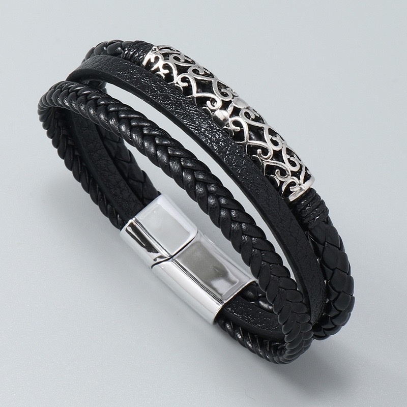 European and American ins style men's multi-layer hand-woven PU bracelet, simple, trendy and fashionable magnetic buckle leather bracelet details Picture