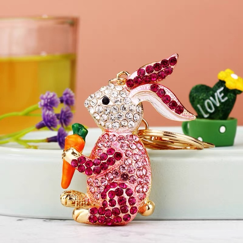 Creative and cute cartoon diamond-encrussed radish rabbit car keychain, exquisite women's bag pendant, key chain accessory details Picture