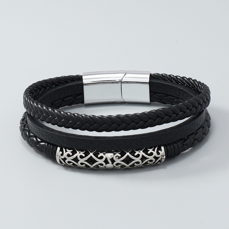 European and American ins style men's multi-layer hand-woven PU bracelet, simple, trendy and fashionable magnetic buckle leather bracelet