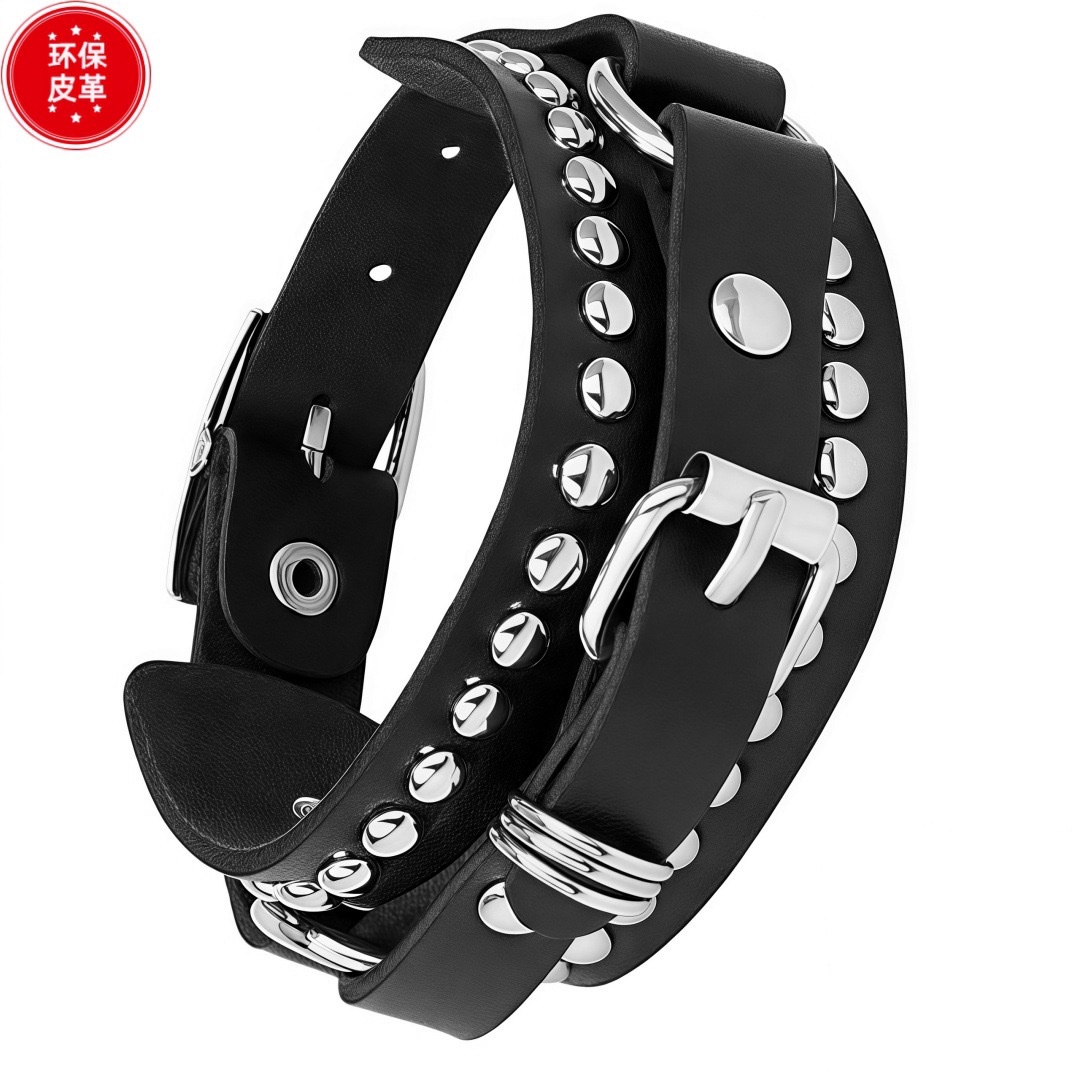 Eco-friendly PU leather, European and American fashion punk style multi-layer retro bracelet, personalized rivet chain bracelet set detail image 2
