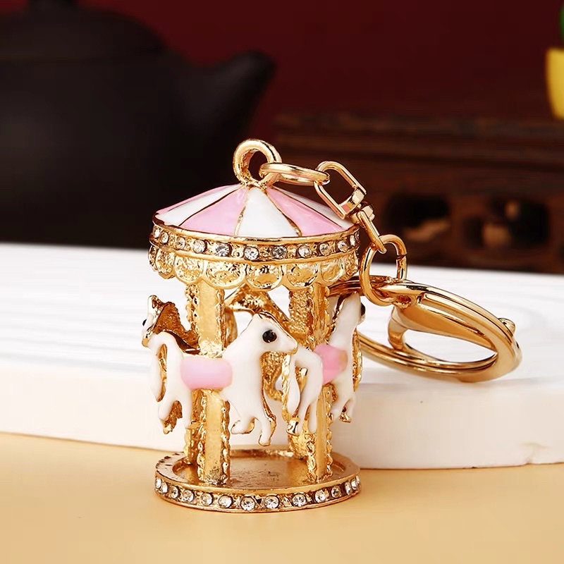 Creative diamond-encrusted carousel car keychain, cute female bag pendant, exquisite key chain ring details Picture